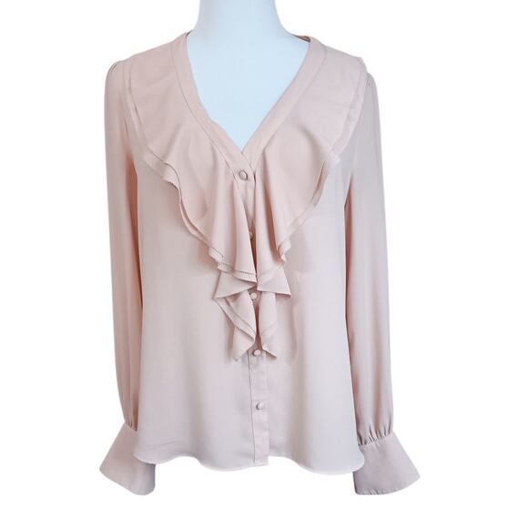 WHBM Pale Blush Pink Ruffled Top Blouse Medium Dressy Event Career Classic VNeck - Picture 7 of 8